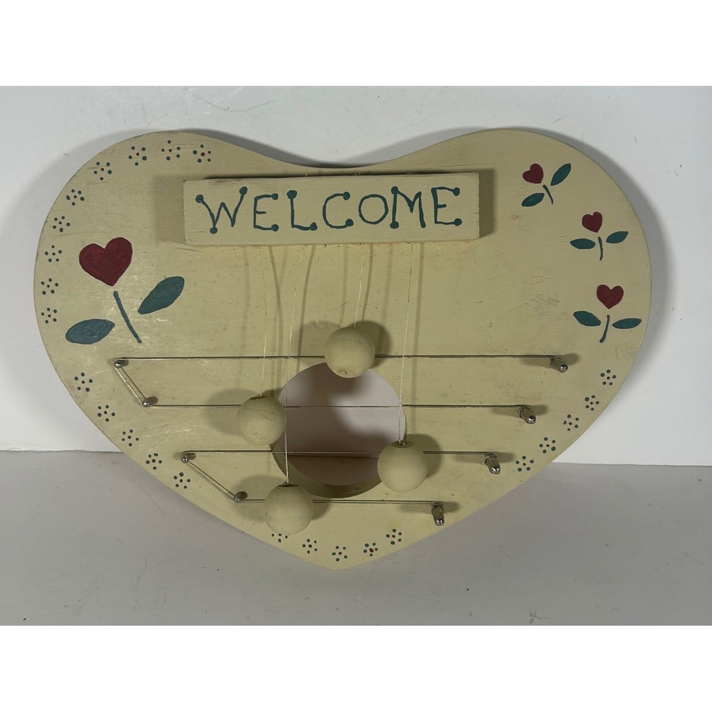 Vintage 1990 Handmade Wooden Heart Door Harp Welcome Sign Folk Art Cottagecore